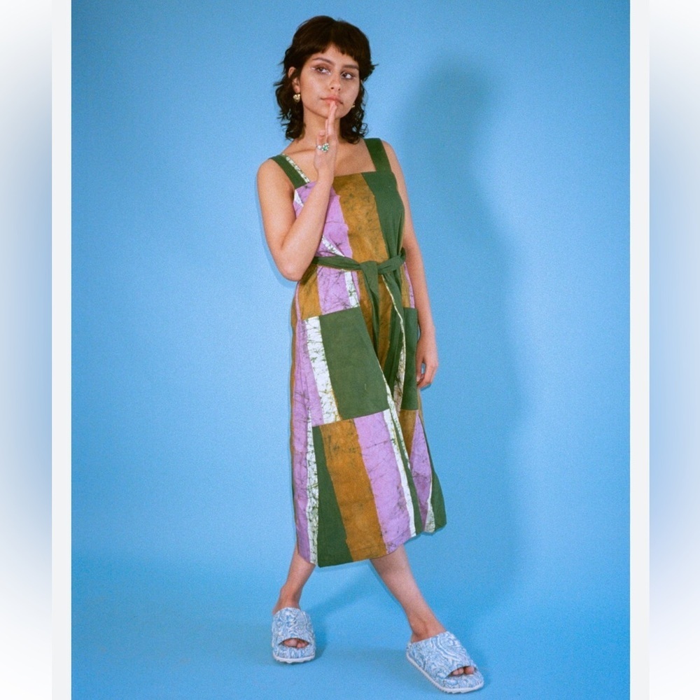 Osei-Duro Ghana Cotton Green and Purple Striped Midi Dress sz XS - Picture 2 of 9